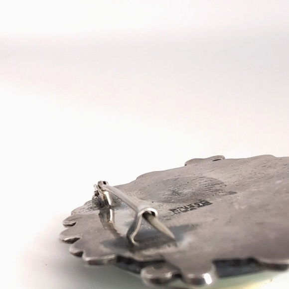 Vintage Sterling Silver Oval Cabochon Green Stone Agate ? Brooch Pin - Mexico - Picture 6 of 11